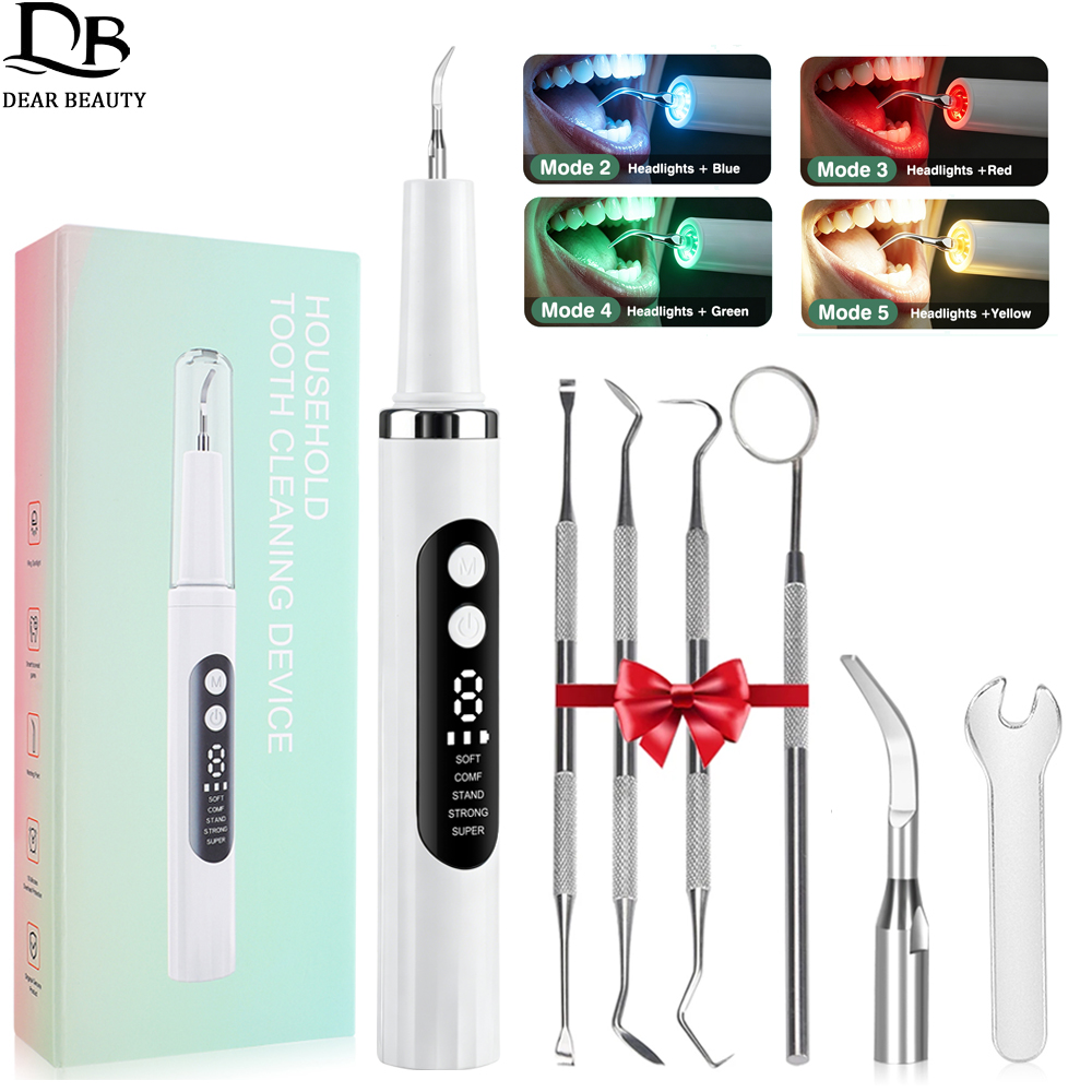 Teeth Whitening Mouthwash - เครื่องทำความสะอาดฟันไฟฟ้า เครื่องขูดหินปูนอัลตราโซนิก พร้อมไฟ LED 5 ดวง
