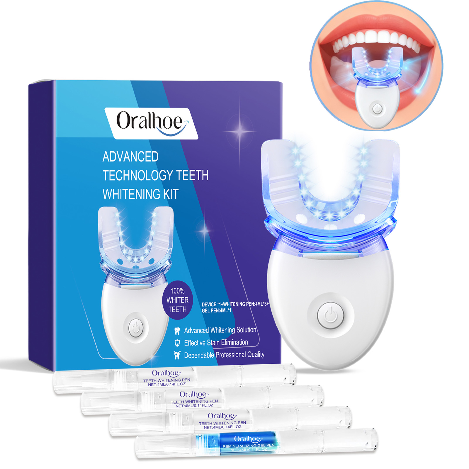 Teeth Whitening Kit - ชุดอุปกรณ์ฟอกสีฟันแบบมืออาชีพด้วยแสง LED พร้อมเจลฟอกสีฟัน 4 เท่า ระบบเร่งการฟอกสีฟันด้วยแสงสีฟ้า